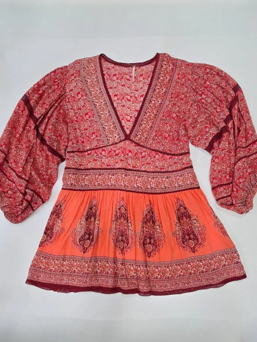 Free People ✦ Paisley Babydoll Tunic Dress ✦ Red Orange Oversized Boho Festival - Picture 6 of 13